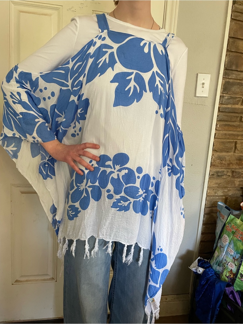 Blue and White Floral Fringe Beach Cover-Up